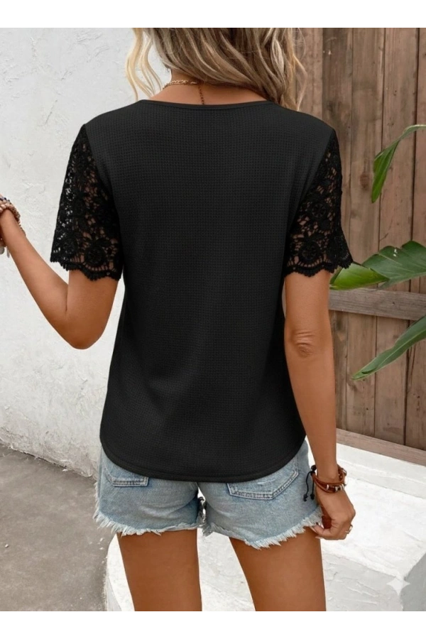 Bidebuvar Kadın Kısa Kollu V Yakalı önden Düğmeli Dantel Detaylı Waffle Bluz