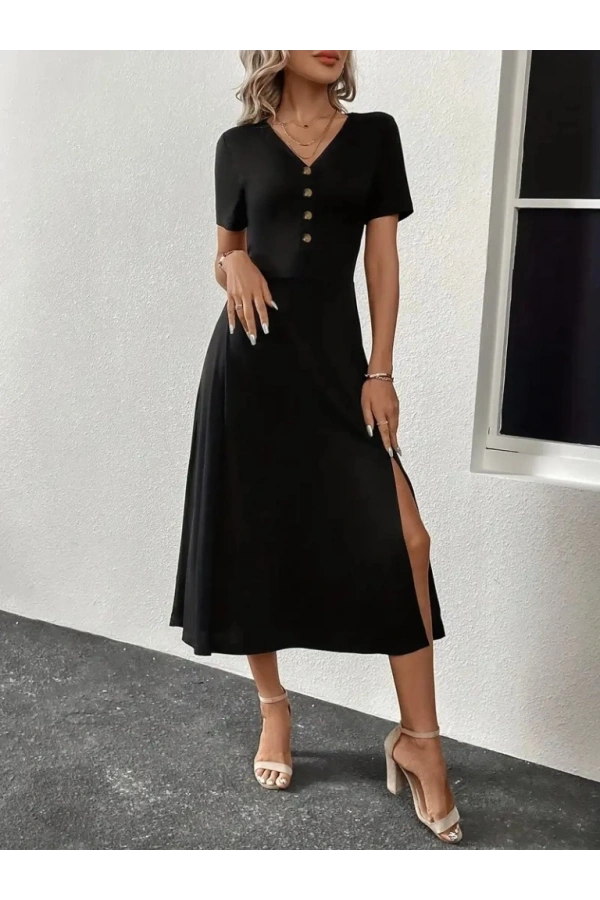 Bidebuvar Kadın Kısa Kollu V Yakalı önden Düğmeli Yırtmaçlı Midi Viskon Elbise