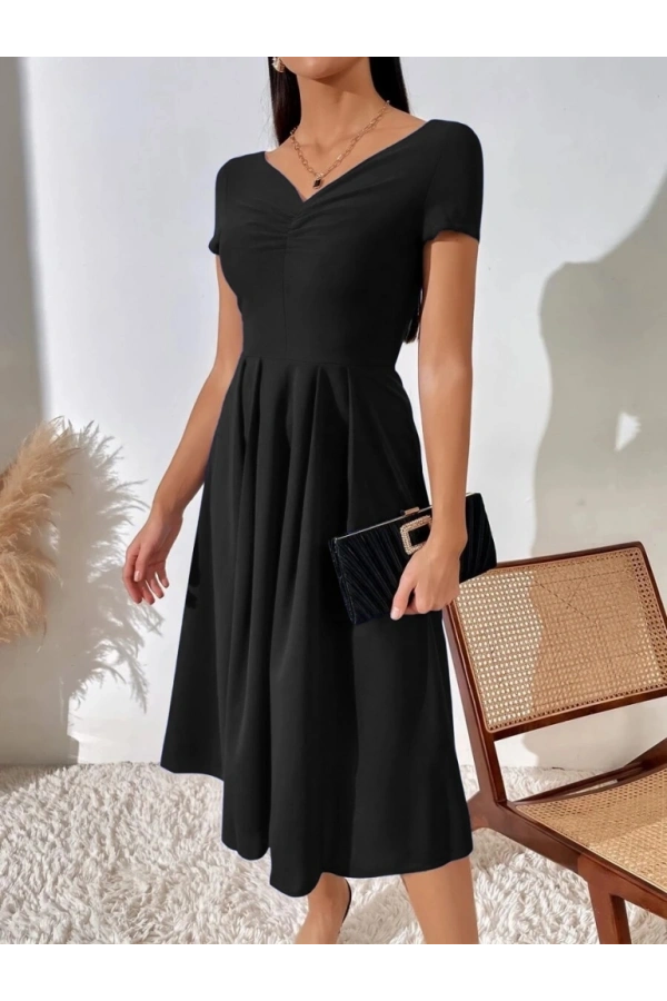 Bidebuvar Kadın Kısa Kollu V Yakalı önden Pileli Janjan Krep Elbise