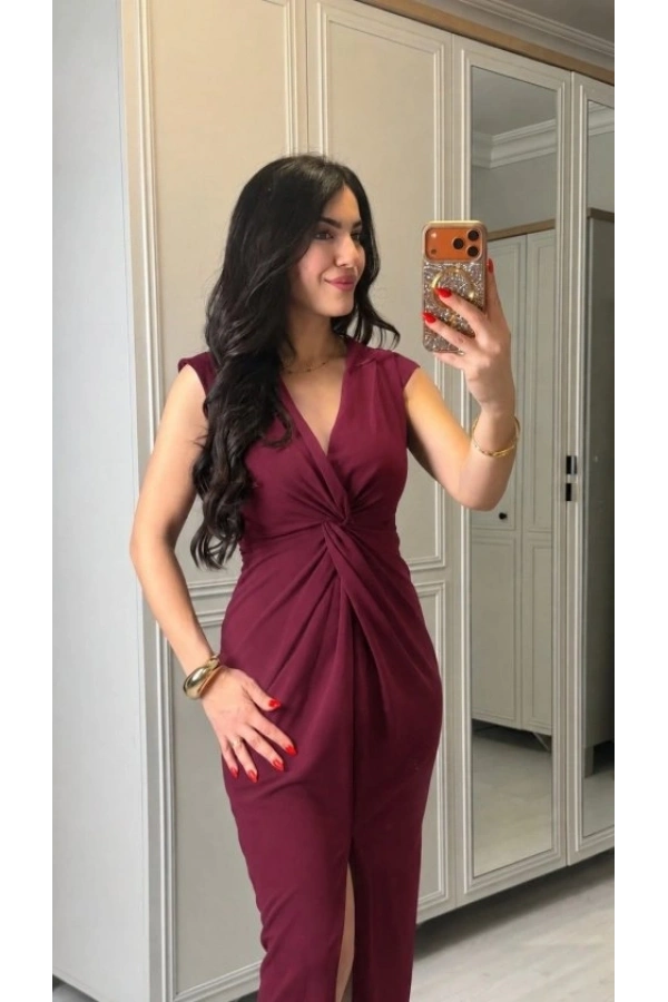 Bidebuvar Kadın Kısa Kollu V Yakalı önü Sarmal Detaylı Yırtmaçlı Sandy Midi Elbise
