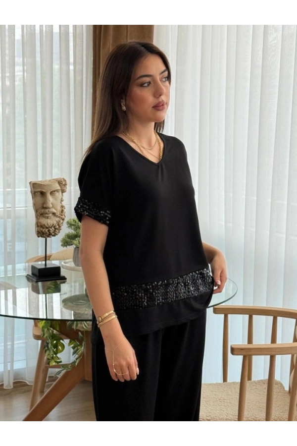 Bidebuvar Kadın Kısa Kollu V Yakalı Pul Payetli Viskon Iki Iplik Bluz Ve Pantolon Ikili Takım