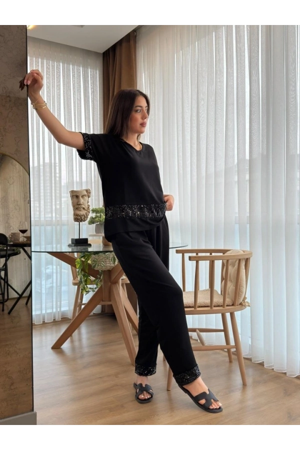 Bidebuvar Kadın Kısa Kollu V Yakalı Pul Payetli Viskon Iki Iplik Bluz Ve Pantolon Ikili Takım