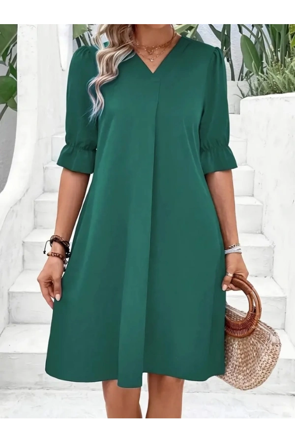 Bidebuvar Kadın Kısa Kollu V Yakalı Salaş Janjan Krep Elbise