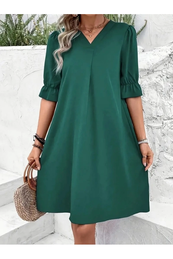 Bidebuvar Kadın Kısa Kollu V Yakalı Salaş Janjan Krep Elbise