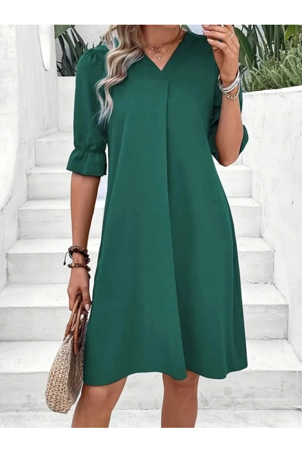 Bidebuvar Kadın Kısa Kollu V Yakalı Salaş Janjan Krep Elbise