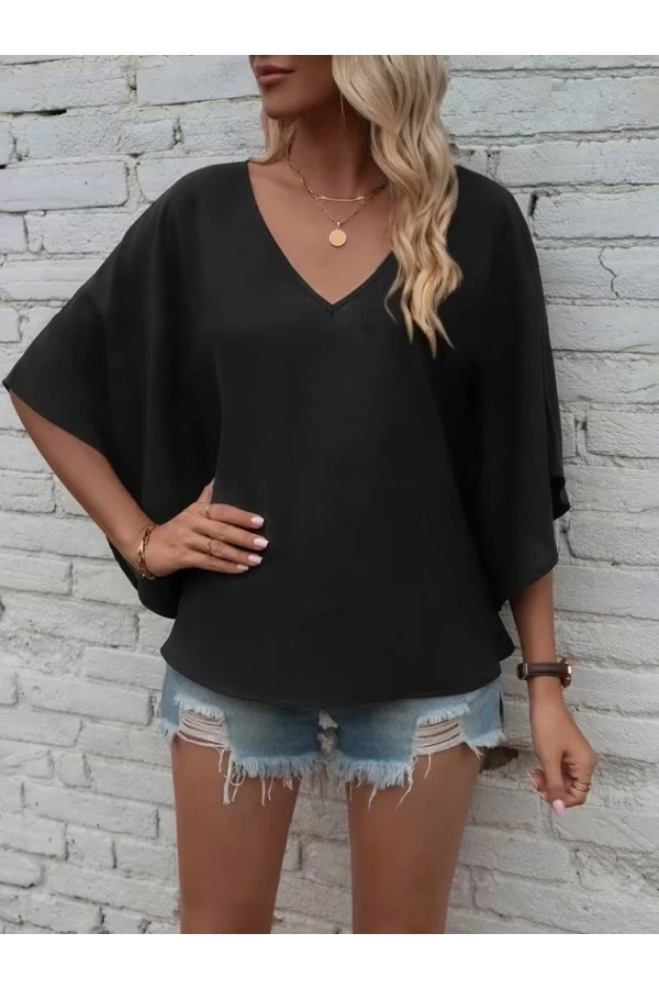 Bidebuvar Kadın Kısa Kollu V Yakalı Salaş Viskon Bluz