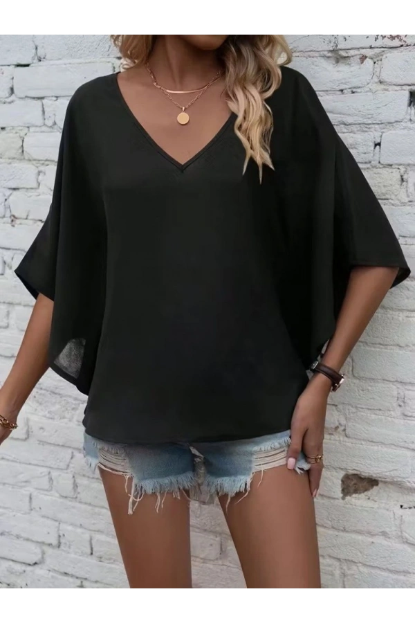 Bidebuvar Kadın Kısa Kollu V Yakalı Salaş Viskon Bluz