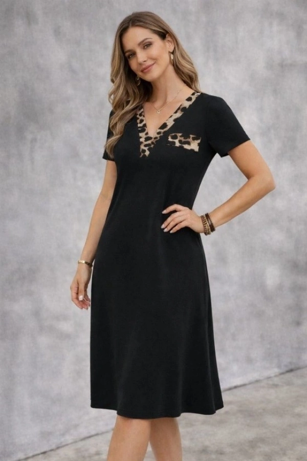 Bidebuvar Kadın Kısa Kollu V Yakalı Süs Cep Detaylı Midi Viskon Elbise