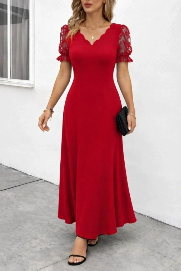 Bidebuvar Kadın Kısa Kollu V Yakalı Uzun Janjan Elbise