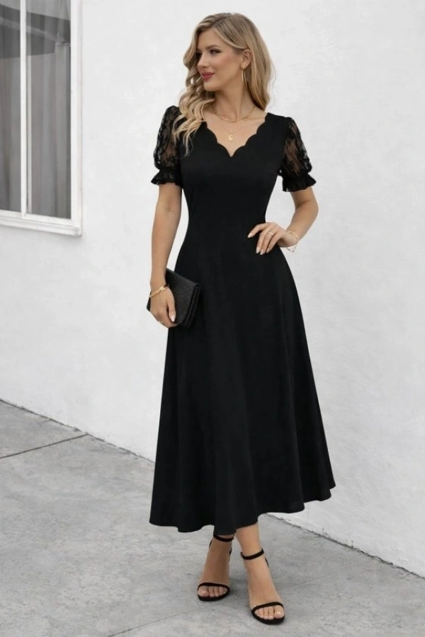 Bidebuvar Kadın Kısa Kollu V Yakalı Uzun Janjan Elbise