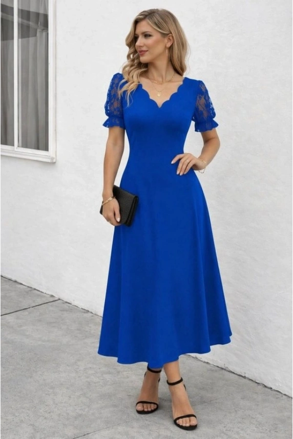 Bidebuvar Kadın Kısa Kollu V Yakalı Uzun Janjan Elbise