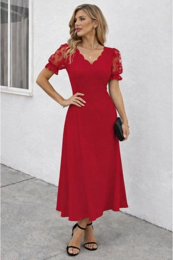 Bidebuvar Kadın Kısa Kollu V Yakalı Uzun Janjan Elbise