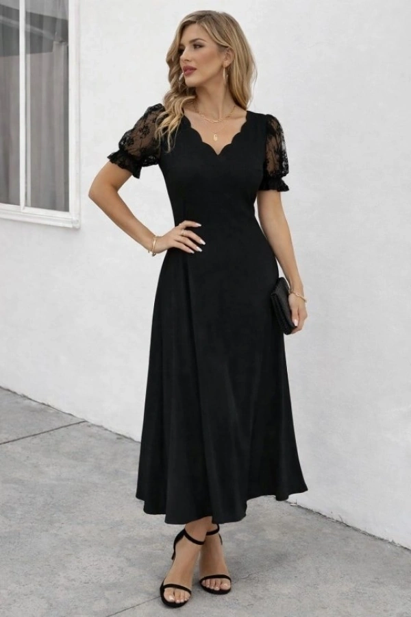 Bidebuvar Kadın Kısa Kollu V Yakalı Uzun Janjan Elbise