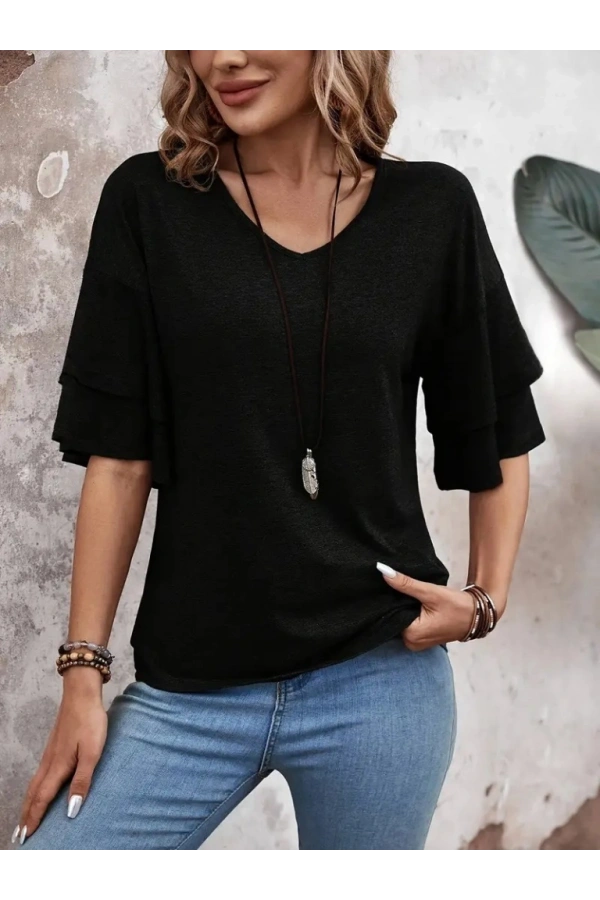 Bidebuvar Kadın Kısa Kollu V Yakalı Viskon Bluz