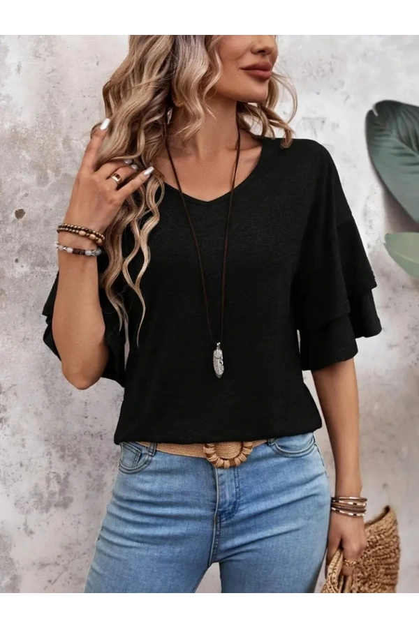 Bidebuvar Kadın Kısa Kollu V Yakalı Viskon Bluz