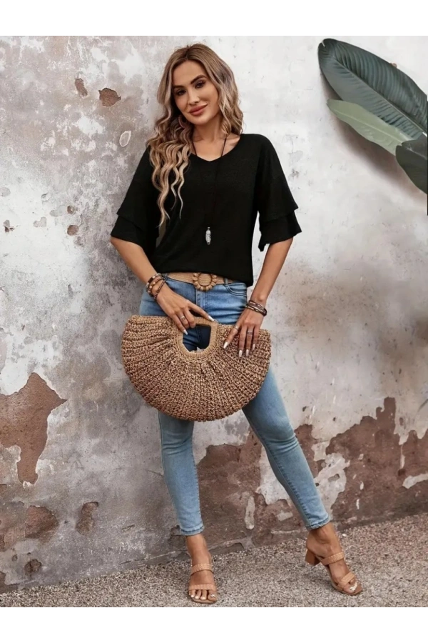 Bidebuvar Kadın Kısa Kollu V Yakalı Viskon Bluz