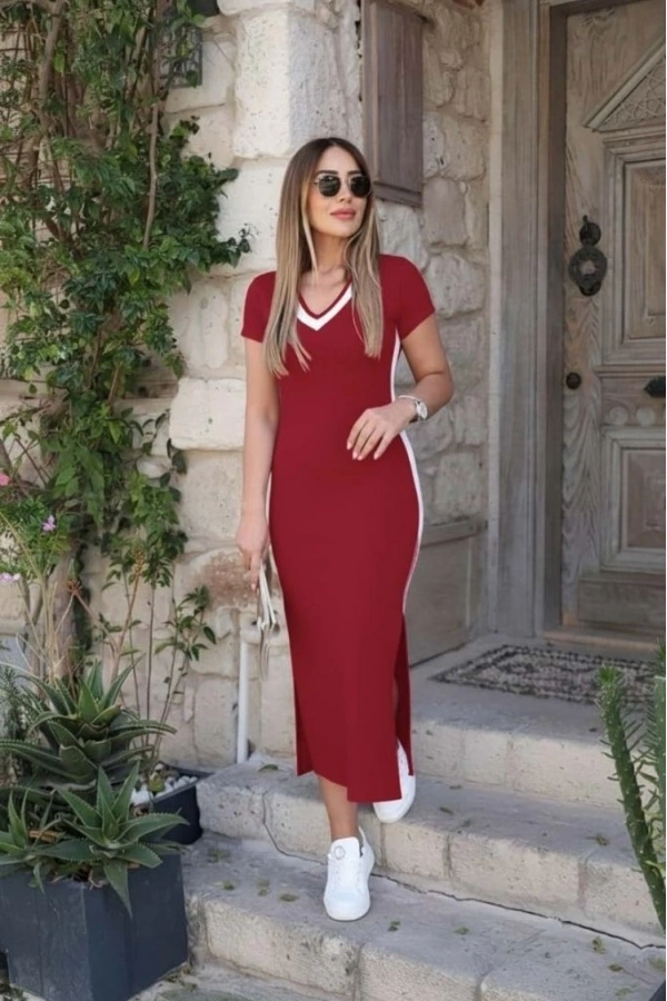 Bidebuvar Kadın Kısa Kollu V Yakalı Yandan şerit Ve Yırtmaçlı Viskon Uzun Elbise