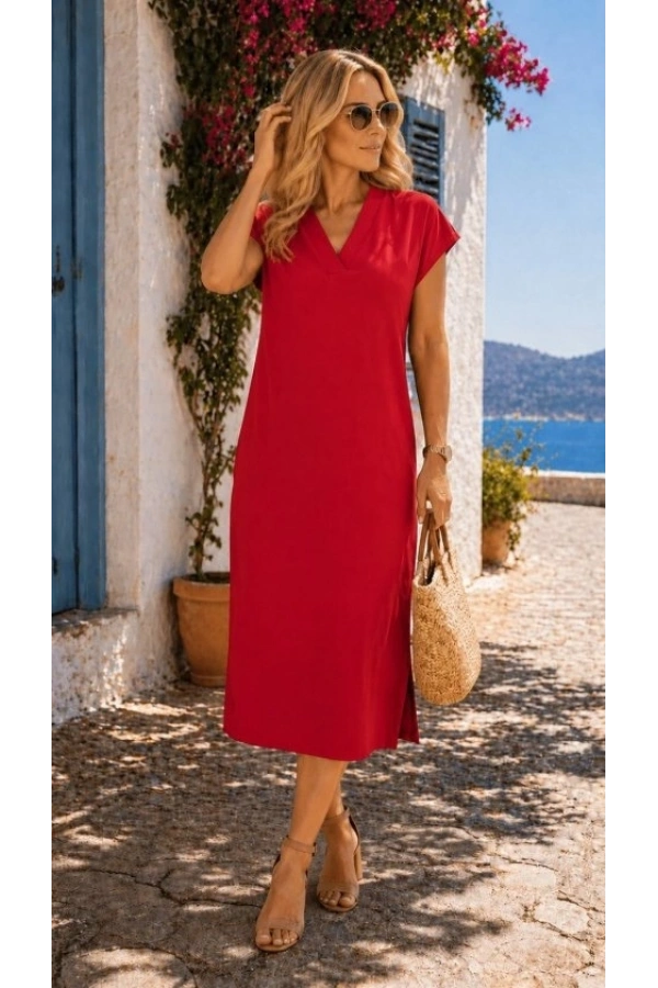 Bidebuvar Kadın Kısa Kollu V Yakalı Yandan Yırtmaçlı Midi Dokuma Viskon Elbise