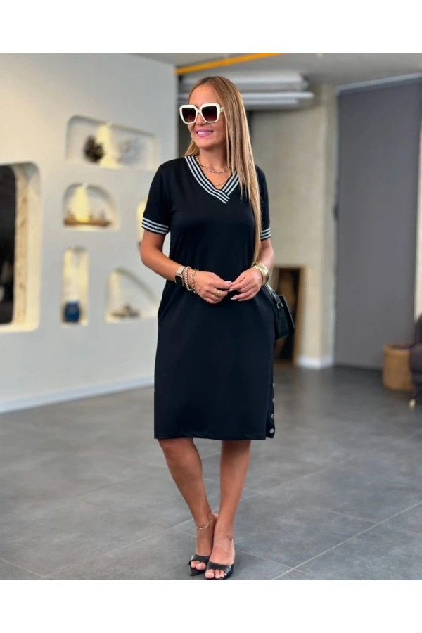 Bidebuvar Kadın Kısa Kollu V Yakalı Yanlardan Yırtmaç Ve Düğmeli Viskon Iki Iplik Elbise