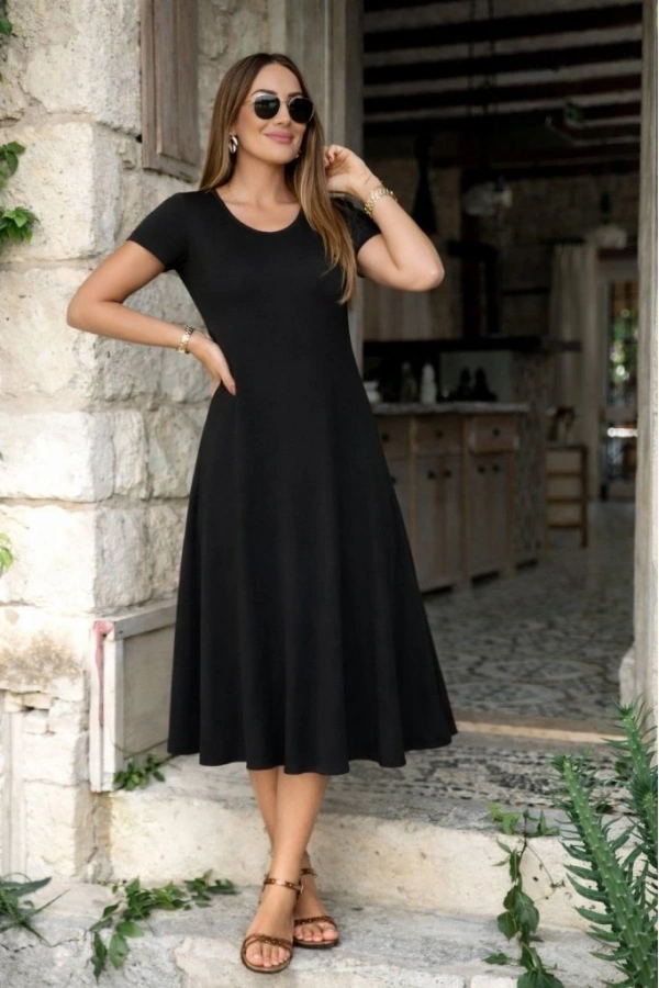 Bidebuvar Kadın Kısa Kollu V Yakalı Yırtmaçlı Midi Viskon Elbise