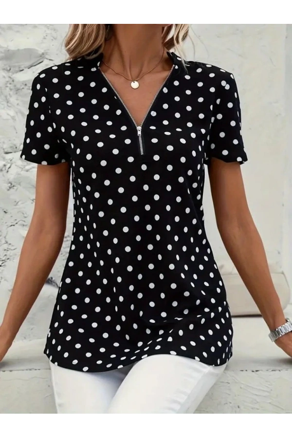 Bidebuvar Kadın Kısa Kollu Yakadan Fermuarlı Puantiyeli Uzun Dokuma Viskon Bluz