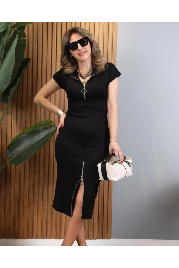 Bidebuvar Kadın Kısa Kollu Yakadan Ve Eteği Fermuarlı Viskon Iki Iplik Midi Elbise
