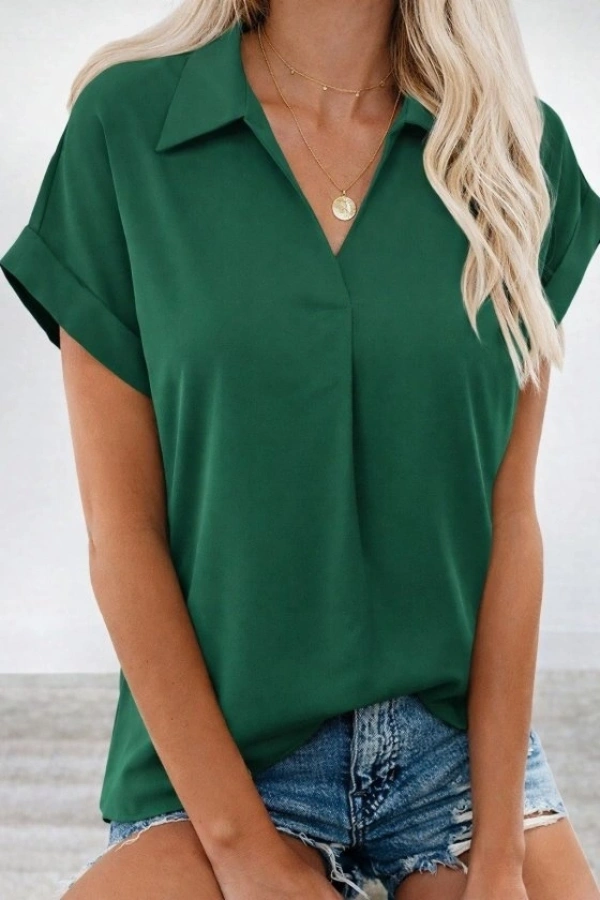 Bidebuvar Kadın Kısa Kollu Yakalı Dokuma Viskon Bluz