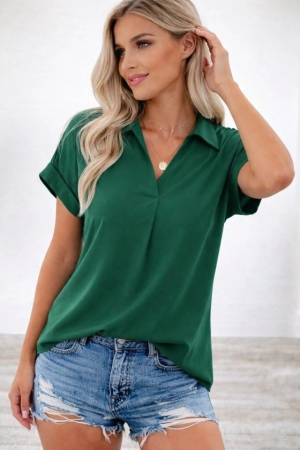 Bidebuvar Kadın Kısa Kollu Yakalı Dokuma Viskon Bluz