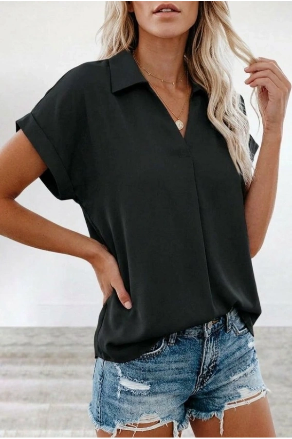 Bidebuvar Kadın Kısa Kollu Yakalı Dokuma Viskon Bluz