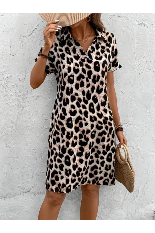 Bidebuvar Kadın Kısa Kollu Yakalı Leopar Desenli Süprem Elbise