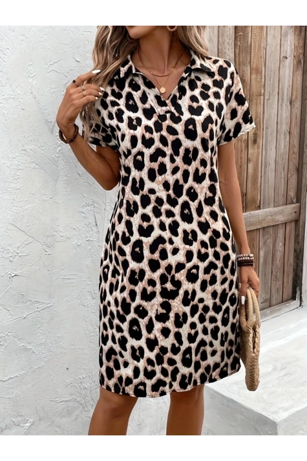 Bidebuvar Kadın Kısa Kollu Yakalı Leopar Desenli Süprem Elbise