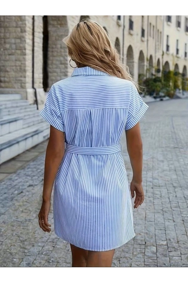 Bidebuvar Kadın Kısa Kollu Yakalı önden Düğmeli Beli Kuşaklı Trikoton Elbise
