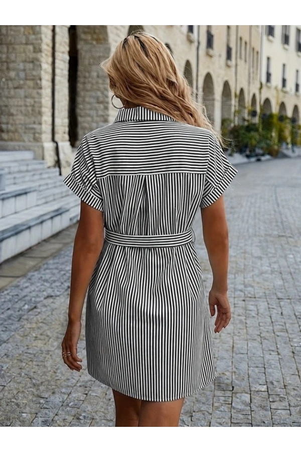 Bidebuvar Kadın Kısa Kollu Yakalı önden Düğmeli Beli Kuşaklı Trikoton Elbise