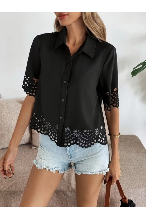 Bidebuvar Kadın Kısa Kollu Yakalı önden Düğmeli Dubai Gömlek Bluz
