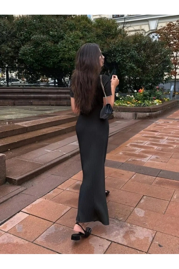 Bidebuvar Kadın Kısa Kollu Yakalı önden Düğmeli Maxi Triko Elbise