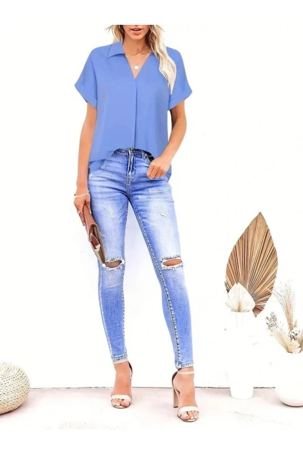 Bidebuvar Kadın Kısa Kollu Yakalı Uzun Sandy Bluz