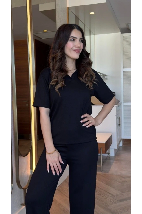 Bidebuvar Kadın Kısa Kollu Yakalı Viskon Iki Iplik Bluz Ve Pantolon Ikili Takım