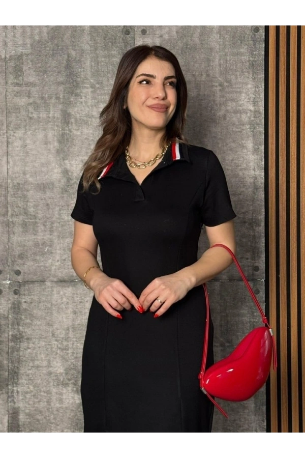 Bidebuvar Kadın Kısa Kollu Yakalı Yırtmaçlı Midi Viskon Iki Iplik Elbise