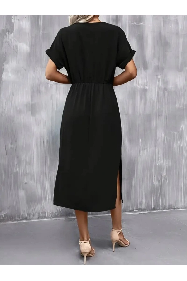 Bidebuvar Kadın Kısa Kollu Yakası Açık Belden Bağlamalı Yırtmaçlı Viskon Elbise