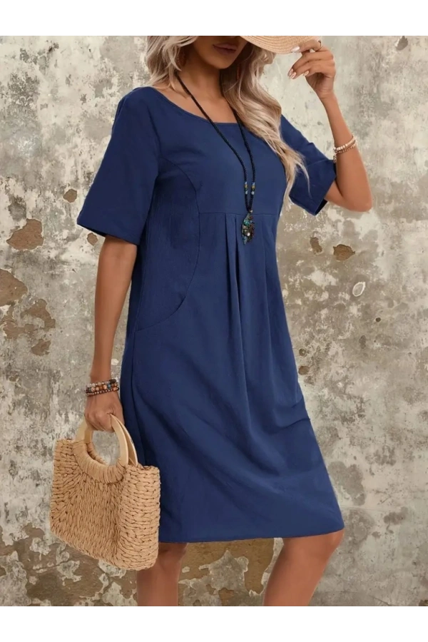 Bidebuvar Kadın Kısa Kollu Yakası Açık önden Büzgülü Cep Detaylı Viskon Iki Iplik Elbise