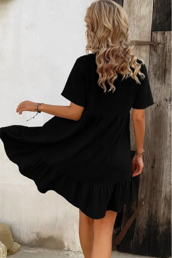 Bidebuvar Kadın Kısa Kollu Yakası Bağcıklı önden Düğmeli Fırfır Desenli Süprem Elbise