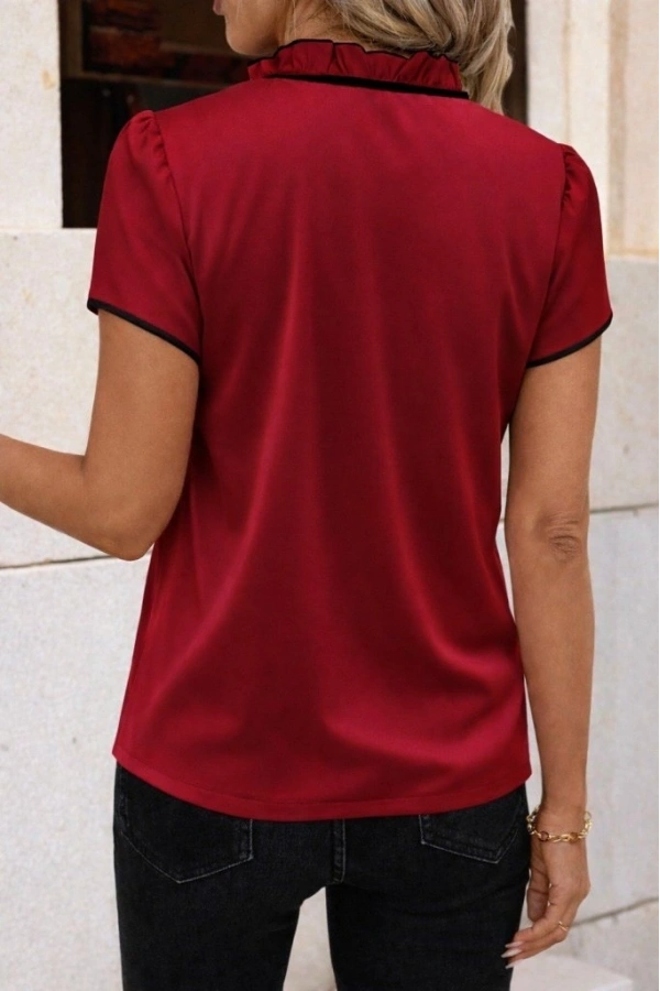 Bidebuvar Kadın Kısa Kollu Yakası Fırfırlı Bağcıklı Janjan Krep Bluz