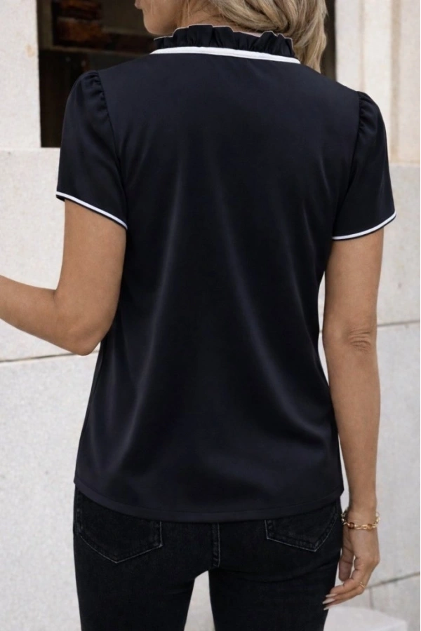 Bidebuvar Kadın Kısa Kollu Yakası Fırfırlı Bağcıklı Janjan Krep Bluz