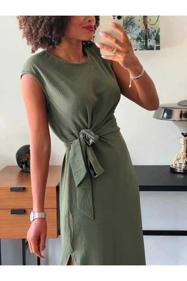 Bidebuvar Kadın Kısa Kollu Yuvarlak Yaka Belden Bağcıklı önden Yırtmaçlı Aerobin Elbise