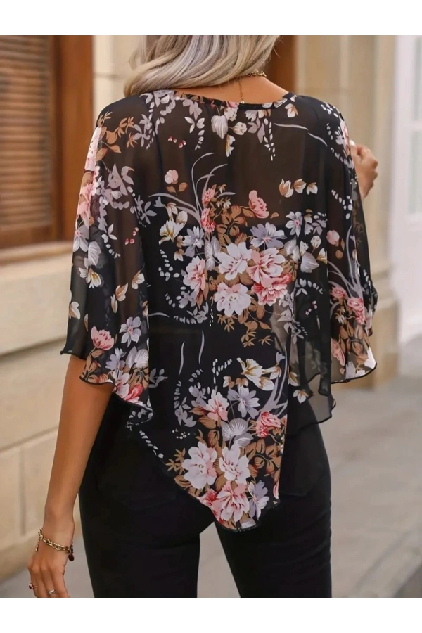 Bidebuvar Kadın Kısa Kollu Yuvarlak Yaka çiçek Baskılı Asimetrik Kesim şifon Bluz