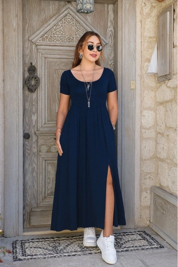 Bidebuvar Kadın Kısa Kollu Yuvarlak Yaka önden Yırtmaçlı Cepli Viskon Uzun Elbise