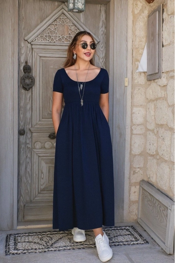 Bidebuvar Kadın Kısa Kollu Yuvarlak Yaka önden Yırtmaçlı Cepli Viskon Uzun Elbise