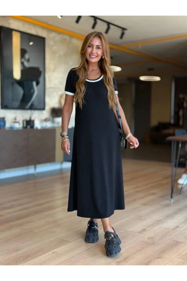 Bidebuvar Kadın Kısa Kollu Yuvarlak Yaka Yandan Yırtmaçlı Midi Viskon Elbise