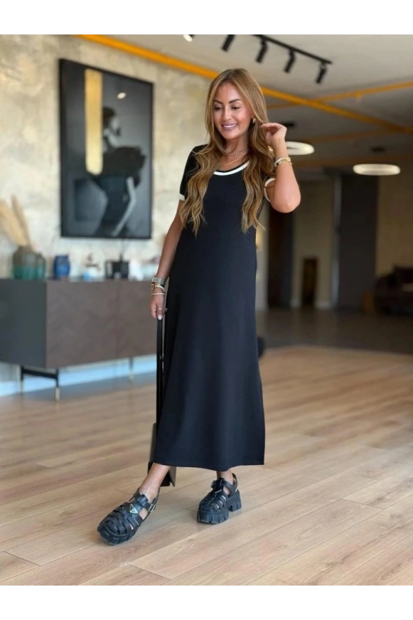 Bidebuvar Kadın Kısa Kollu Yuvarlak Yaka Yandan Yırtmaçlı Midi Viskon Elbise