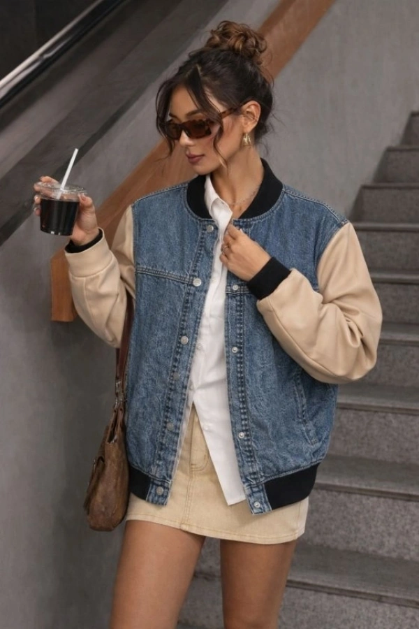 Bidebuvar Kadın Kolları Deri Detay Bomber Kot Ceket